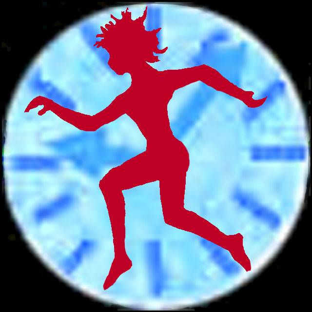 Sketch of a dream by Chris Wayan: A human silhouette in mid-jump, against a clockface.