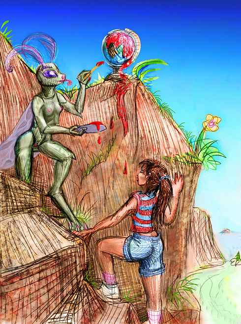Dream-sketch: Girl in striped tanktop and shorts (me) climbing a sea-cliff meets a big sexy green bug painting a globe red. Click to enlarge.