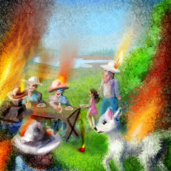 Cowboys laugh at a dog on fire. Dream sketch by Wayan. Click to enlarge.