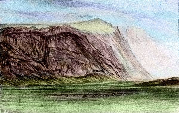 Sketch of treeless meadows and bare crags, on Tharn, a dry, rather Martian world-model. Based on a watercolor by Edward Lear.