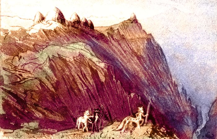 Sketch of treeless canyons and crags; small centauroid figures. Lower Zoa dry, rather Martian world-model. Based on a watercolor by Edward Lear.