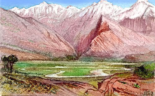 Sketch of treeless meadows and snowy peak, on Tharn, a dry, rather Martian world-model. Based on a watercolor by Edward Lear.