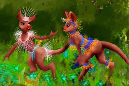 Sketch of two kangaroo-like bos in  feathered garters, sporrans and bracelets, head- and tail-plumes; costumes typical of the Polodona Rainforest on Tharn, a mostly dry Marslike world-model.
