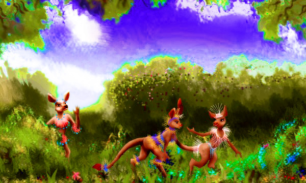 Three bos conversing in a clearing. Bos are small bipedal dinosaurs, clawed, tailed, scaly, with forked tongue; but also with mammalian breasts, big cowlike ears and a flyswatter tail-tip. Their headplumes, pectorals, feather bracelets and garters and anklets, and beaded sporrans are typical of Polodona Forest culture on Tharn, a mostly dry world-model.