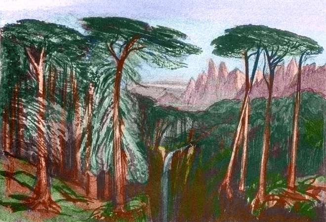 Sketch of a waterfall and forest in Bundaroo Valley (southern Thuvia Upland) on Tharn, a dry Marslike world-model. Based on a watercolor by Edward Lear.