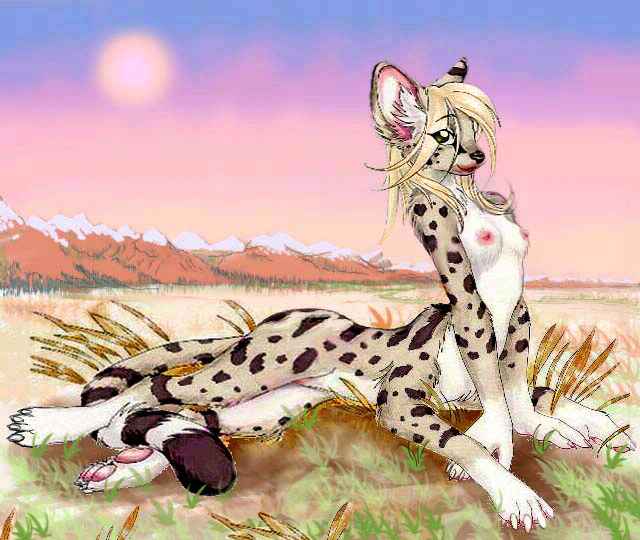 Centah (a feline centauroid) on the savanna in Heloon Basin. Background: snowy mountains and dusty purplish skies of Tharn, an experimental world-model. Image based on a lovely sketch of a serval-taur by Kacey Maltzman of www.otonashi.net, though the sketch is no longer posted.