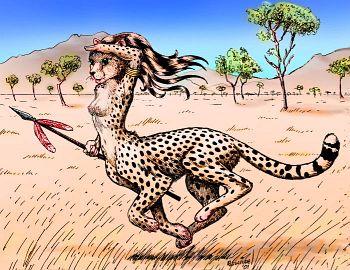 A centah, a feline centauroid native to savannas on Tharn, a dry world-model