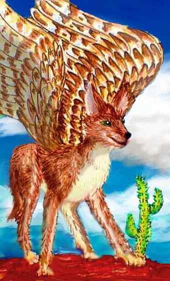 A flyote, a six-limbed species resembling a red fox with hawk wings. Intelligent omnivorous pack animals. Native of Tharn, a biosphere-model much like a warmer Mars.