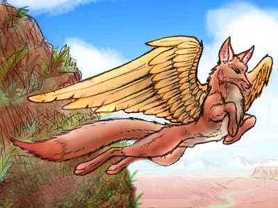 A winged coyote-like creature flying in front of a desert crag.