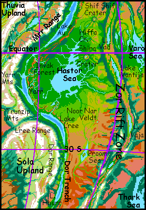 Map of the Hastor Basin on Tharn, a mostly dry Marslike world-model.
