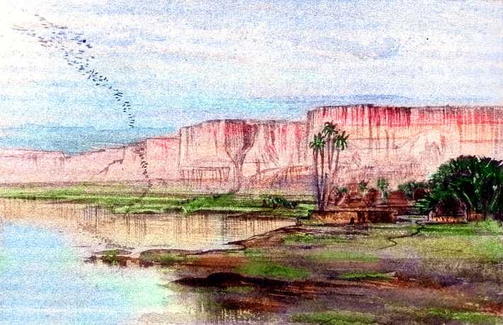 Groves and low buildings along a river below tall red cliffs: the Ssa River in Yoof Trench on Tharn, a thin-aired rather Martian moon. Sketch based on a watercolor by Edward Lear.