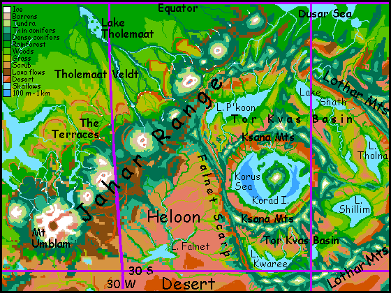 Map of the Jahar Range, a chain of Martian-size shield volcanoes, on Tharn, a dry, rather Martian world-model.
