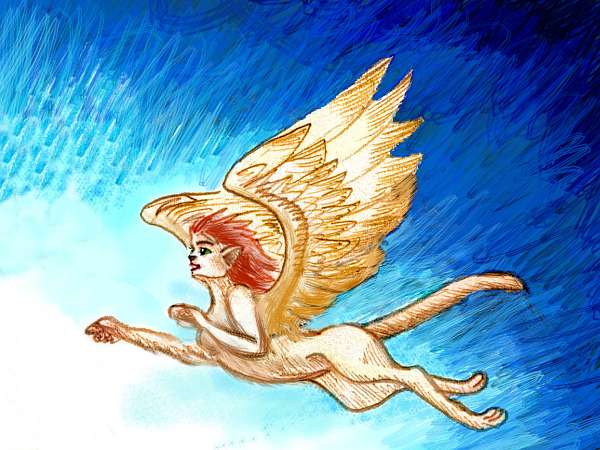 Sketch of a lebbird in flight. Leonine pelt, handlike forepaws, hawklike wings, a high forehead and large eyes.