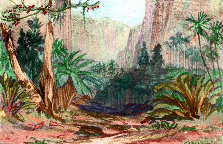 A red rock canyon with sheer walls and open tropical woods on its floor: a branch of Lelei Canyon on Tharn, a thin-aired rather Martian moon. Sketch based on a watercolor by Edward Lear.