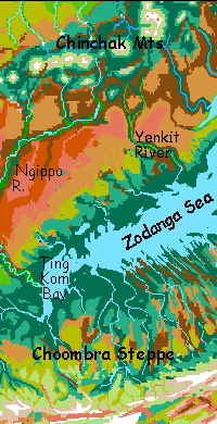 Map of the Zodanga Sea, Yenkit River and Chinchak Rane on southern Tharn, a Marslike world-model.