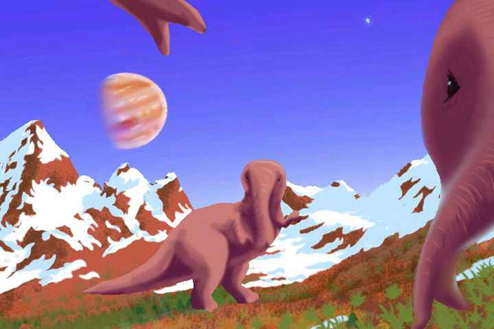 A mamook in snowy mountains; Zeus, a Jupiterlike planet, floats overhead. Mamooks are huge, tailed, somewhat dinosaurian, bipedal high-altitude sapients on Tharn, a mostly dry Marslike world-model.