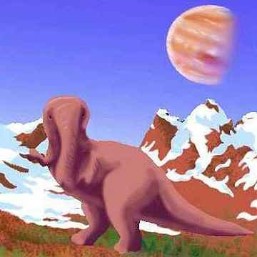 A mamook, a dusty reddish bipedal dinosaur with a long trunk, in jagged snowy mountains under a 'moon' as large and striped as Jupiter.