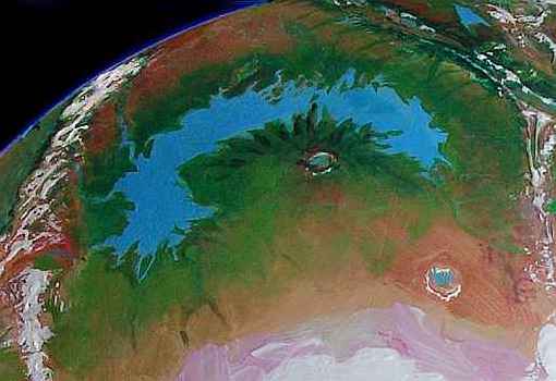 Orbital photo of the Raksar Sea, a subpolar lake on Tharn, a dry, thin-aired world-model.