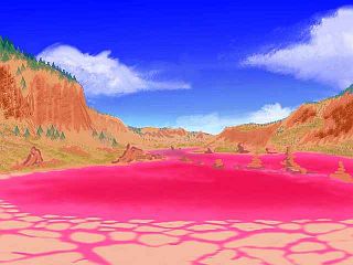 Sketch of a dry canyon with a mineral lake. Lurid pink water and tufa towers. Wula Rift in the southern Barsoom Basin on Tharn, a dry, rather Martian world-model.
