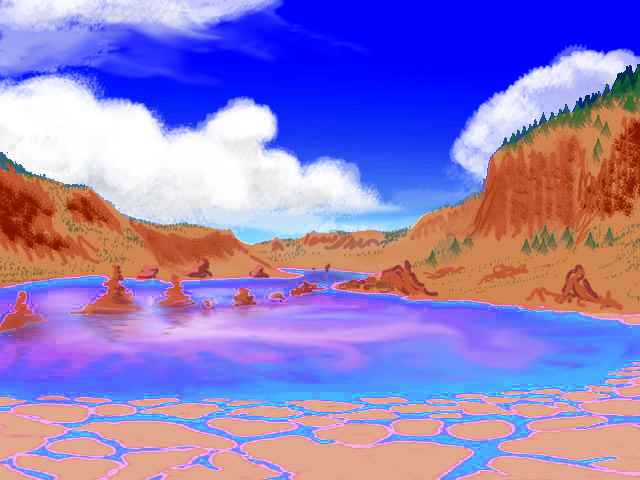 Lake Oonira, a brackish lake stained purple by backteria, on Tharn, a world-building experiment.