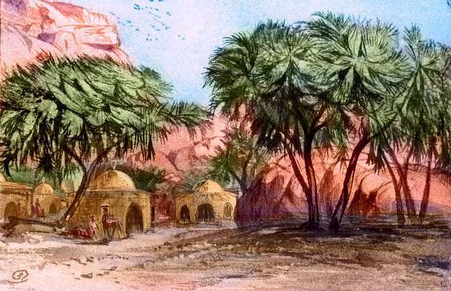Sketch of a veltaur village; centauroids with parasols by dusty round huts with arched doorways, shaded by palms and boulders. Fracture zone southwest of Wula Sea, on Tharn, a dry, rather Martian world-model.