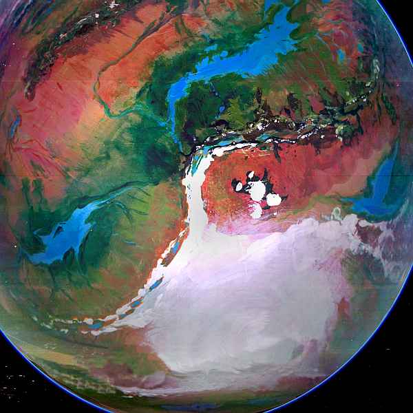 High orbital photo of the South Polar Cap on Tharn, a biosphere-model resembling a warmer Mars.