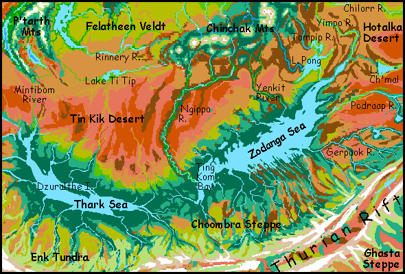 Map of the Southern Seas on Tharn, a mostly dry Marslike world-model.