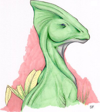 A parru--a green saurian with sail-like crest, apparently hollow like a snorkel. Image by Heather Gladden (undyingsong@foxxis.com).