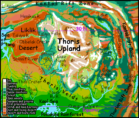 Map of Thoris Upland region on Tharn, a dry rather Martian world-model.
