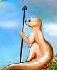 a thotter, a large otter with opposable digits on all four paws, leaning on a fish-spear by a lakeshore on Tharn, a mostly arid biosphere-model