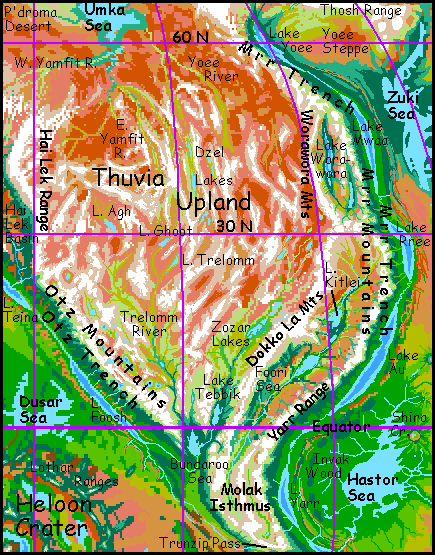 Map of Thuvia Upland on Tharn, a dry Marslike world-model.