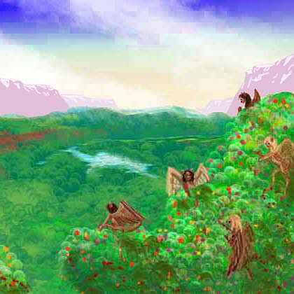 lebbirds, a small winged feline people, picking fruit in a tree. Background: dim purple cliffs on both sides: we're in a trench.