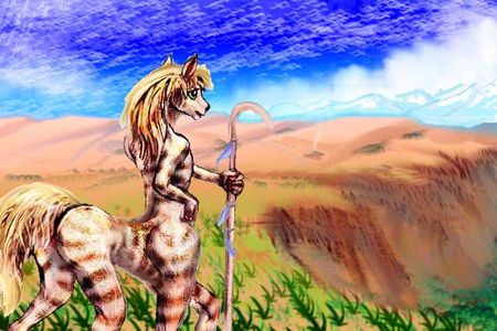 Veltaur at the brink of a cliff; dry-grass hills in background, icy mountains on horizon. Tharn, a mostly dry Marslike world-model.