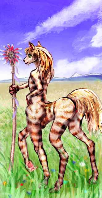A veltaur, a lightly built centauroid herbivore, holding a staff. One of a dozen intelligent species on Tharn, a biospherical experiment.  Click to enlarge.