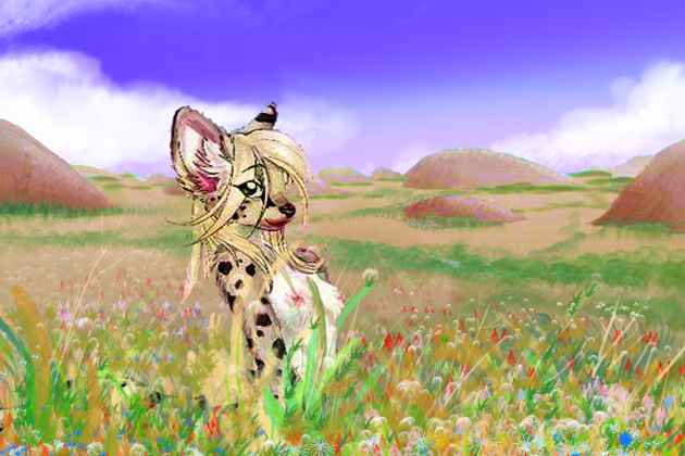 A centauroid cheetah in tall spring grass, broken by huge rocky fins to the horizon. K'lantha Veldt, western Barsoom Basin, on Tharn, a dry, rather Martian world-model.