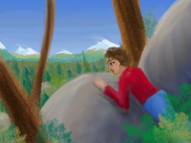 Two gunmen hunt me in the mountains; I wedge between two boulders. Dream sketch by Wayan.