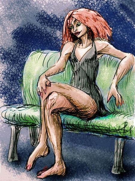 Redheaded woman in little black dress on a blue sofa. Dream sketch by Wayan. Click to enlarge.