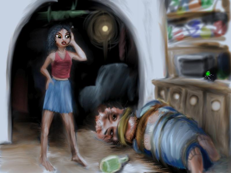 Fragile girl in dark kitchen phoning cops; huge guy hogtied on floor. Dream sketch by Wayan. Click to enlarge.