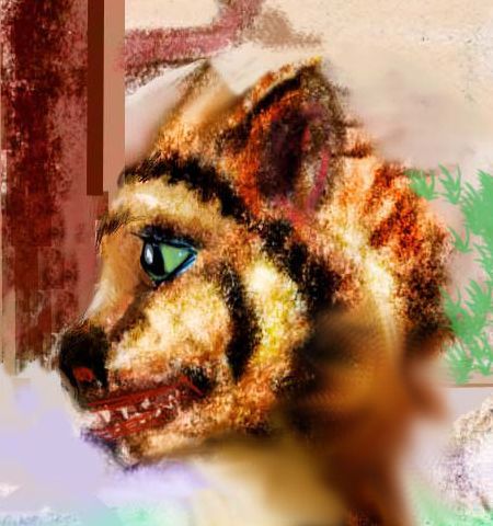 Face of my classmate in grad school: a tiger. Crayon sketch of a dream by Wayan. Click to enlarge.