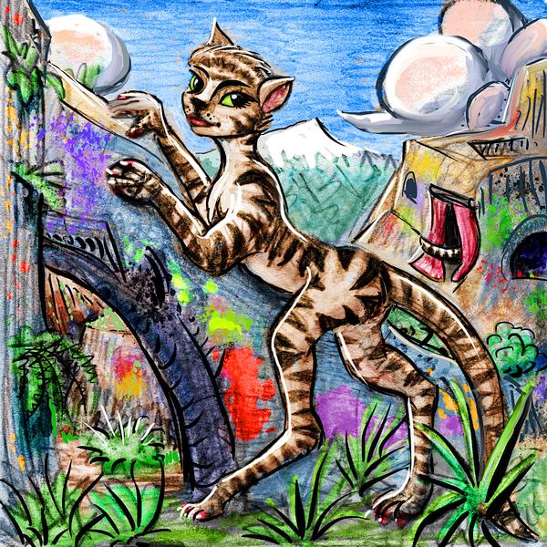 Tigress climbs through ruins. Dream sketch by Wayan. Click to enlarge.