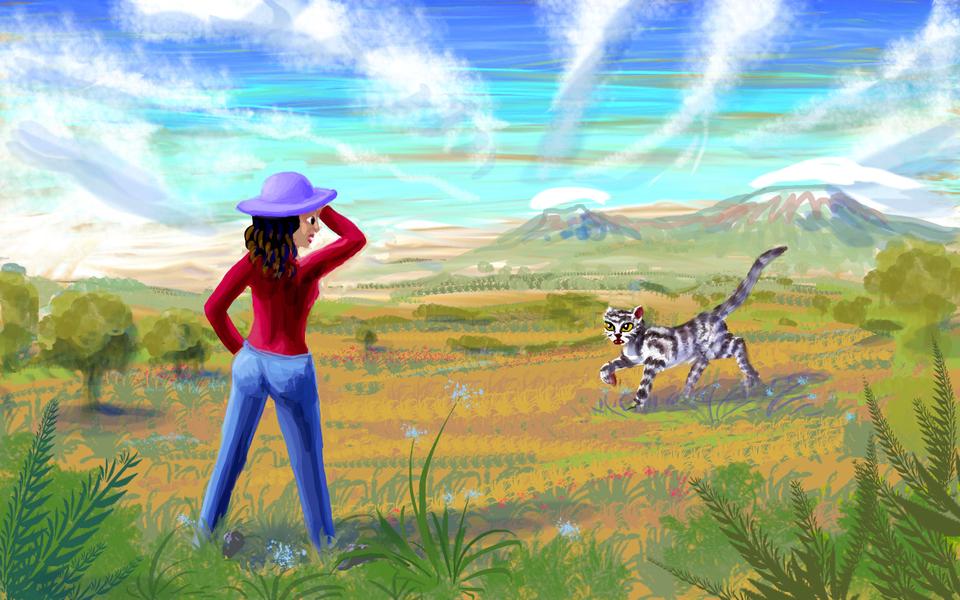 On the African savanna, a Siberian tiger stalks me. Dream sketch by Wayan. Click to enlarge.