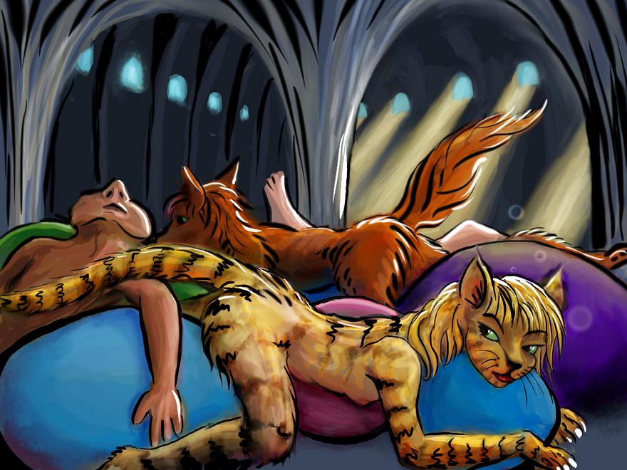 A mini-tigress in a heap of sleepers starts to wake. Sketch of a dream by Wayan. Click to enlarge.