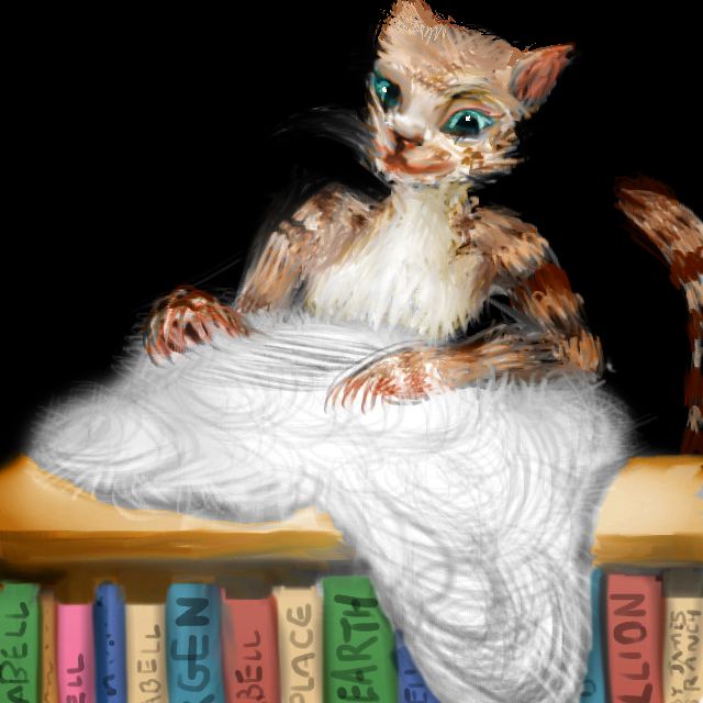 I'm a cat person combing snarls out a whitish, woolly mass of time-lines, atop a bookshelf full of James Branch Cabell fantasy novels. Dream sketch by Wayan.