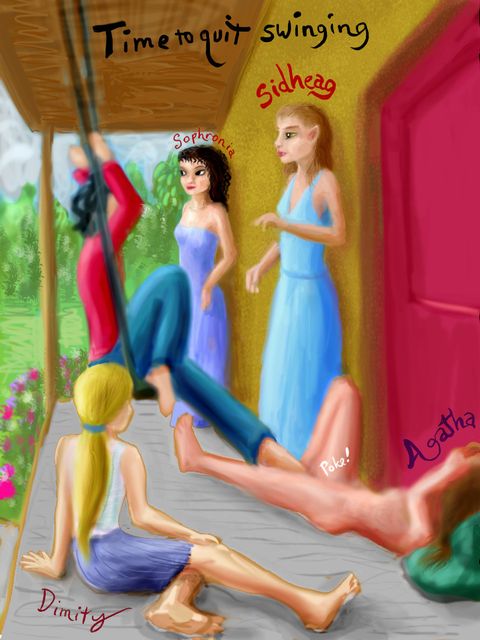 I'm on a swing, poking a toe at Agatha sunbathing nude on the porch, while Sophronia, Sidheag and Dimity look on. Dream sketch by Wayan. Click to enlarge.