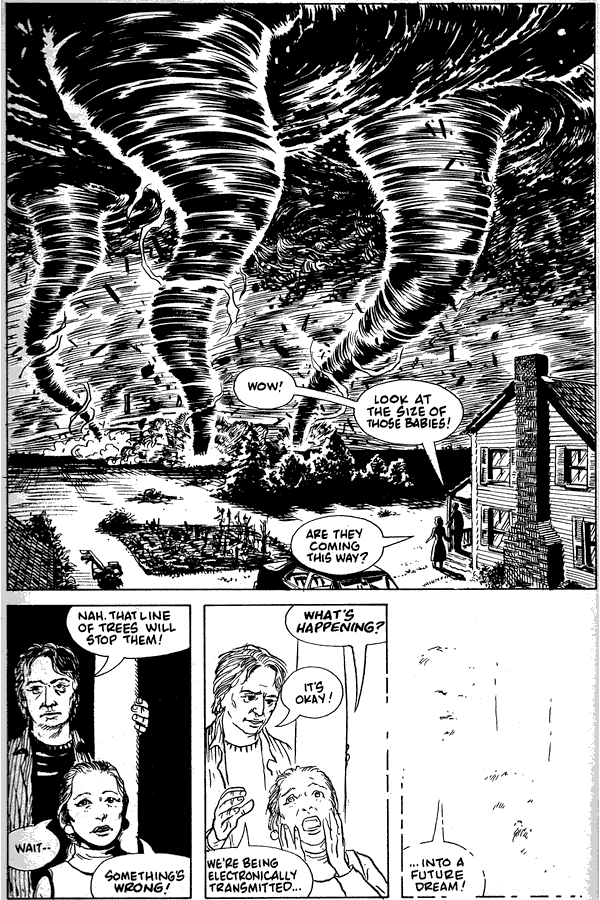 Tornadoes approach. My wife and I fade out into a future dream; dream-comic by Rick Veitch. Click to enlarge.