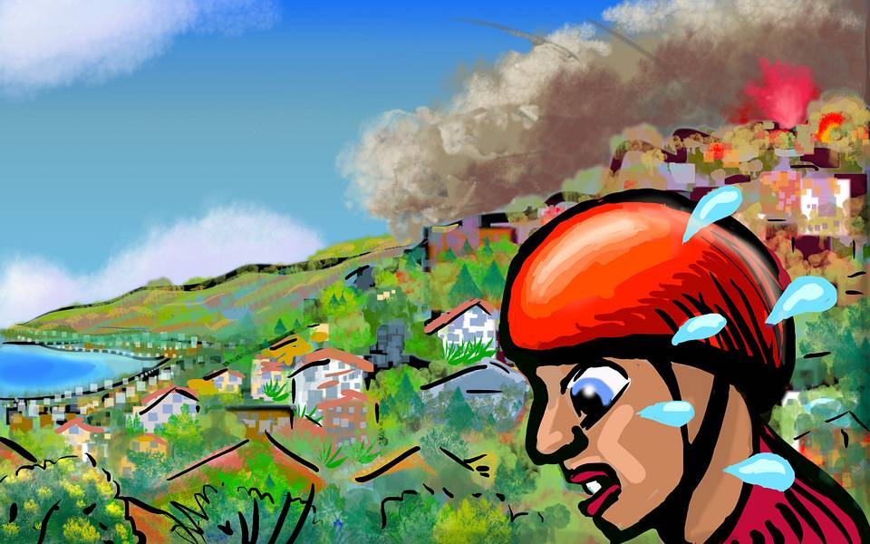 I bike away from an eruption filling a suburb with hot, toxic gas. Dream sketch by Wayan. Click to enlarge.