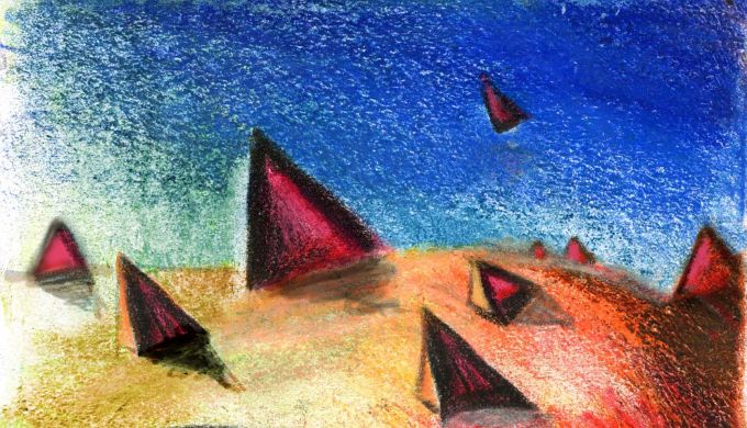 Pyramids pop up in a desert; abstract crayon.