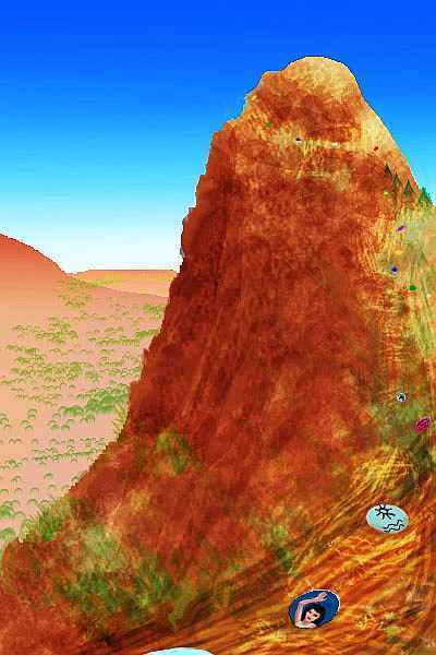 A desert crag with a trail of bright-colored disks leading toward the summit; some are faces, some text, some symbols