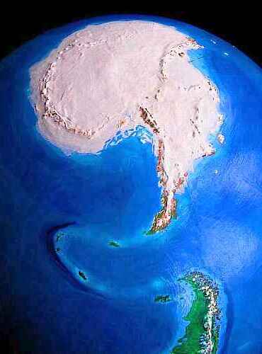 Orbital photo of Turnovia, an upside-down Earth; Arctica, the northern polar continent.