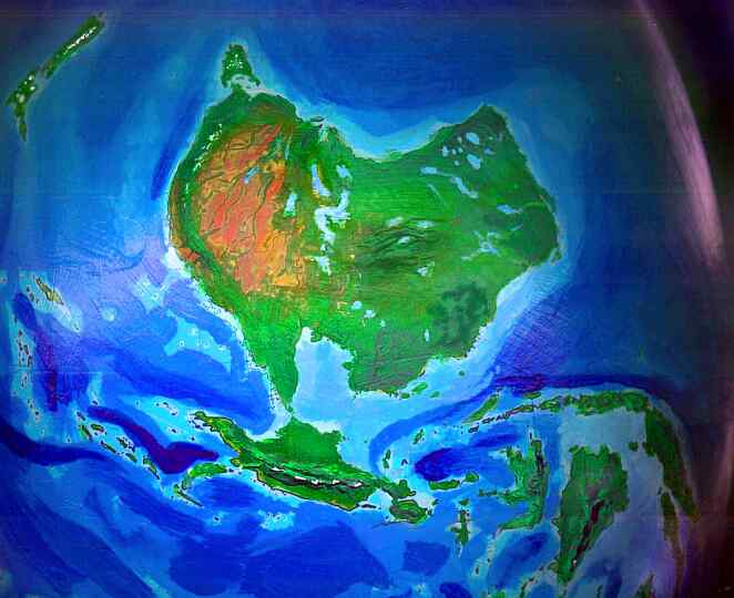 Orbital photo of Turnovia, an upside-down Earth; Boreala, the greener equivalent of Australia.